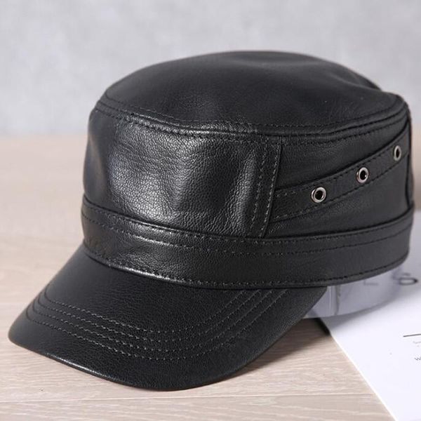

wide brim hats autumn winter men's natural genuine leather cap navy hat sheepskin military snapback adjustable size bone men flat caps, Blue;gray