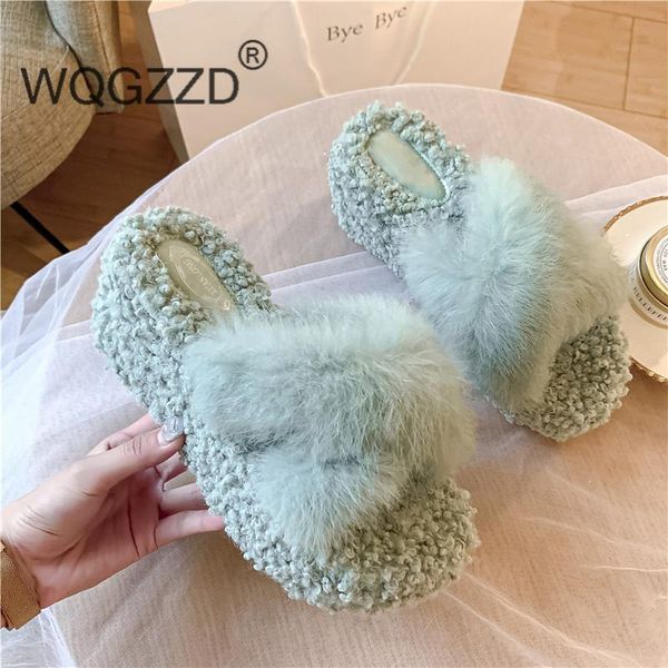 

slippers comfortable women fur shoes slides platform wedges flip flops, Black