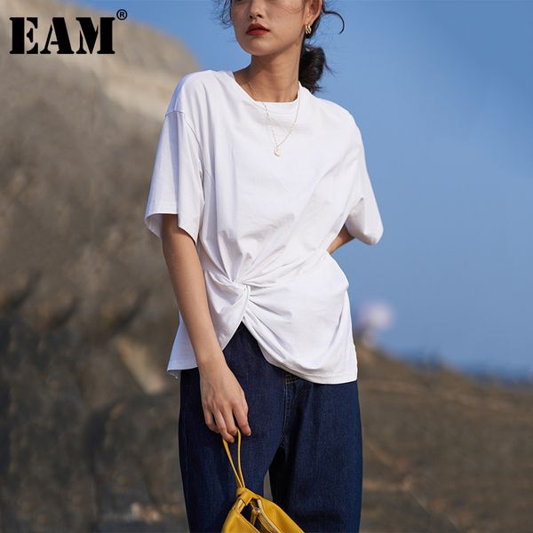 

[eam] women casual brief irregular white knot t-shirt round neck short sleeve loose fashion spring summer 1dd8035 210512