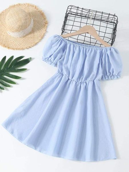 

girls off shoulder puff sleeve frill trim dress she, Red;yellow