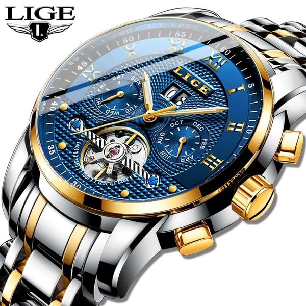 

wristwatches lige automatic mechanical watch mens watches men full steel business waterproof sport relogio masculino, Slivery;brown