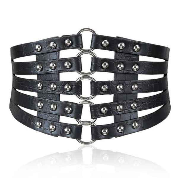 

belts women female fashion rivet wide waist elastic 5 straps pu belt brand design vintage metal ring, Black;brown