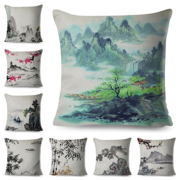 

cushion/decorative pillow chinese ink cushion cover decor beautiful scenery pillowcase polyester linen case for sofa home chair car 45x45cm
