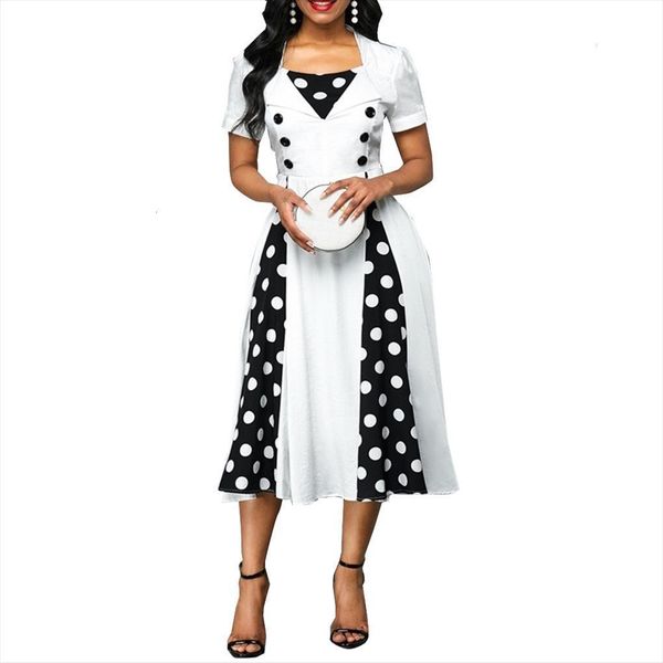 

summer vintage dot print long women dresses party casual plus size slim patchwork hiag waist office ball gown, Black;gray