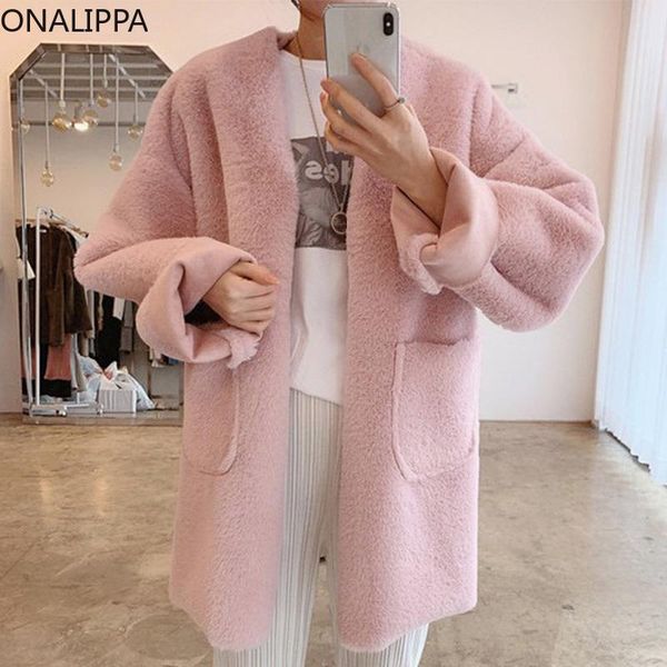 

women's wool & blends onalippa women 2021 autumn winter temperament elegant v-neck double pockets loose casual plush warm long-sleeved, Black