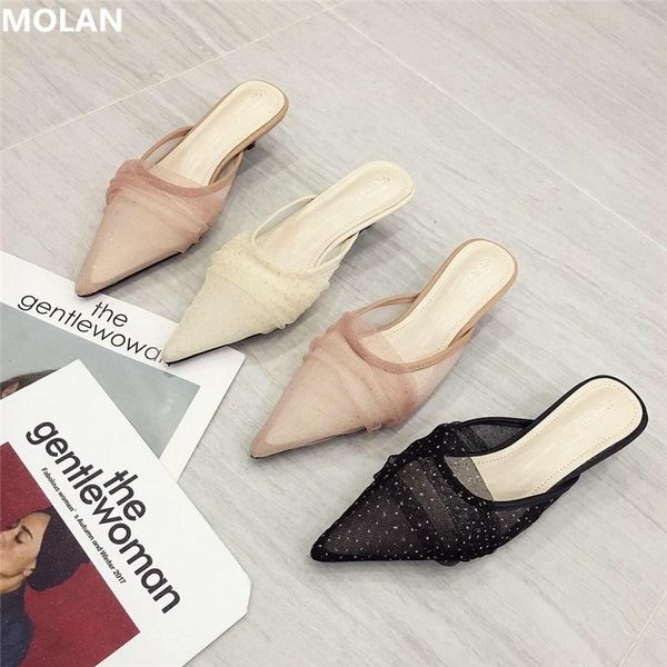 

brand designer 2021 fashion elegant air mesh bling kitten heel woman pumps slip on loafers mules flip flops dress shoes, Black