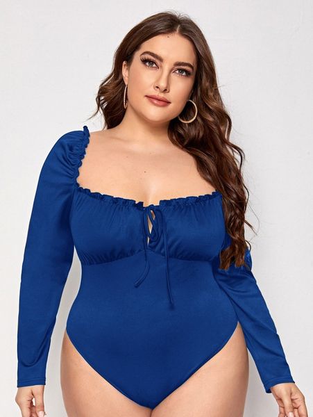 

plus frill tie front backless bodysuit n8oo#, Black