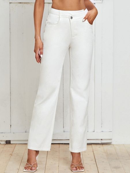 

solid zip fly straight leg pants j569#, Black;white