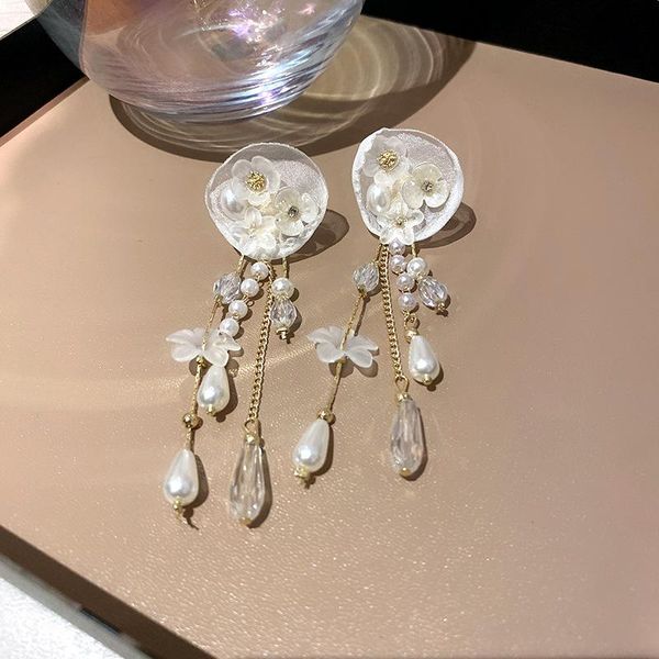 

dangle & chandelier 2021 female beautiful organza flower crystal imitation pear long tassel earrings for sweet girl women's jewelry acc, Silver