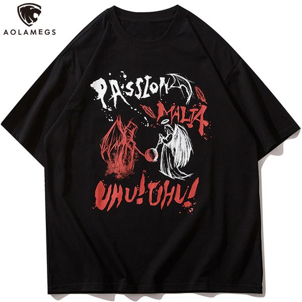 

men's polos big-sized punk man's hipster hip hop shirt streetwear aolamegs gothic anime letter graffiti-neck, White;black