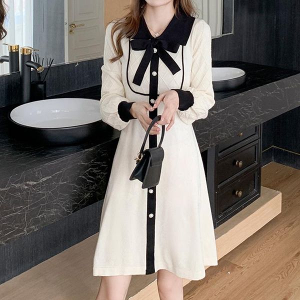 

casual dresses korean version small fragrance sweater mini dress 2021 autumn winter single breasted knitted bow loose a line vestidos, Black;gray