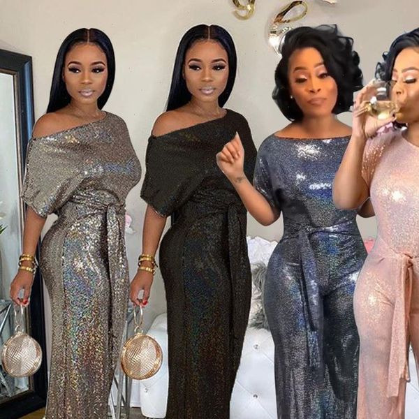 

laser women jumpsuit sequins wide leg shoulder slope sashes plus size rompers elegant short sleeve loose ladies jumpsuits, Black;white