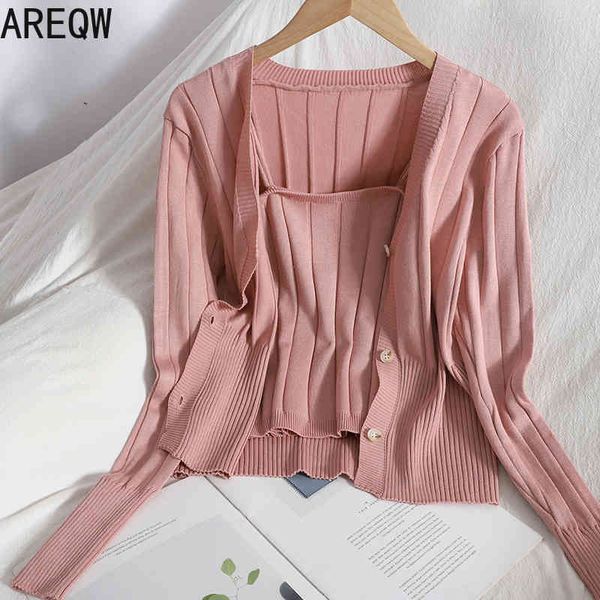 

spring clothes joker slim v-neck cardigan outer cover+bottoming solid color sling knitted pit two-piece student tide 210507, White