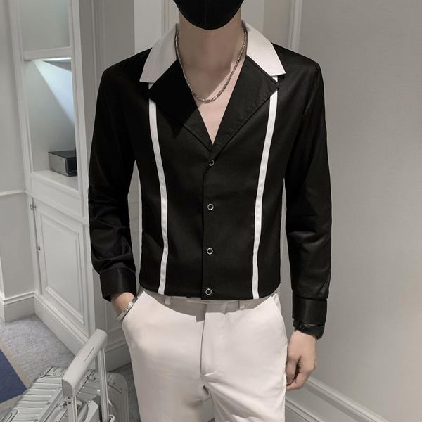 

men's casual shirts camisas de hombre spring summer v neck patchwork color mens handsome button up slim fit long sleeve shirt men dress, White;black