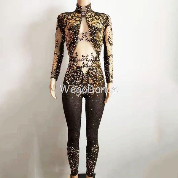 

women's jumpsuits & rompers women clothing glass rhinestones stretch jumpsuit gold black stones bodysuit birthday celebrate dance leota, Black;white