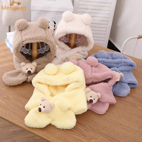 

caps & hats winter windproof earmuffs bear plush warm hat scarf one-piece cap kids baby children girls boys accessories 3-8y, Yellow