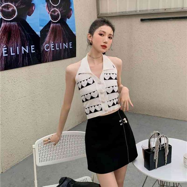 

women's knits & tees spring summer women fashion knit crop halter sleeveless collared backless desinger knitted blouse sweater, White