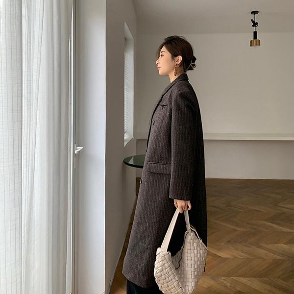 

women's wool & blends big loose fit size striped back vent woolen coat parkas long sleeve women fashion tide autumn winter 2021 1dd2166, Black