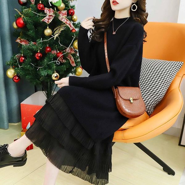 

casual dresses women 2021 autumn winter elegant knitted sweater dress female solid long sleeve patchwork lady vestidos x389, Black;gray