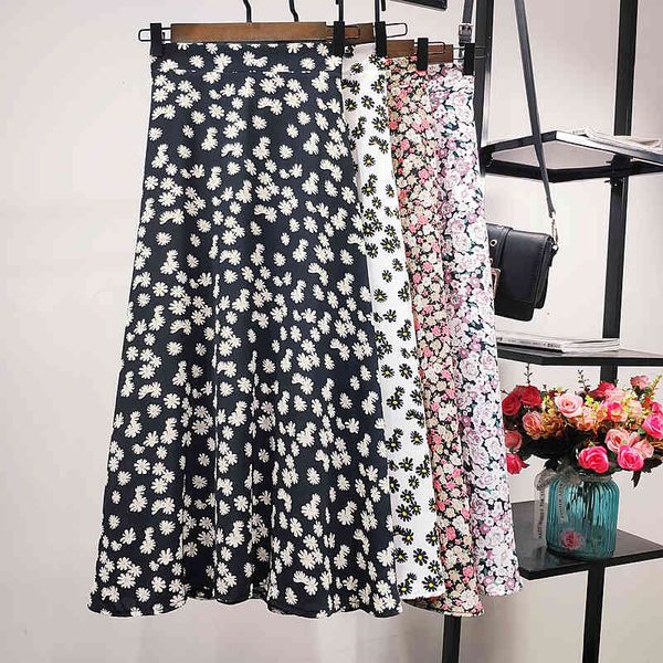 

skirts spring summer floral printed white black daisy a-line long chiffon qz86