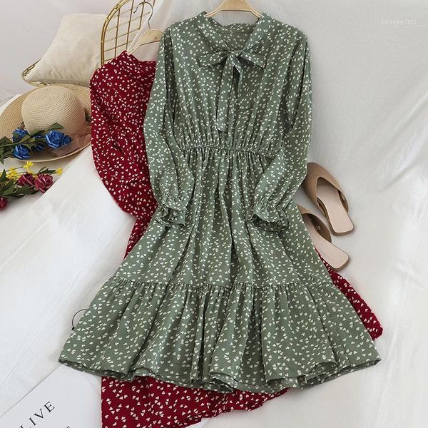 

casual dresses women spring autumn dress floral long sleeve bow ruffle midi female vestido, Black;gray