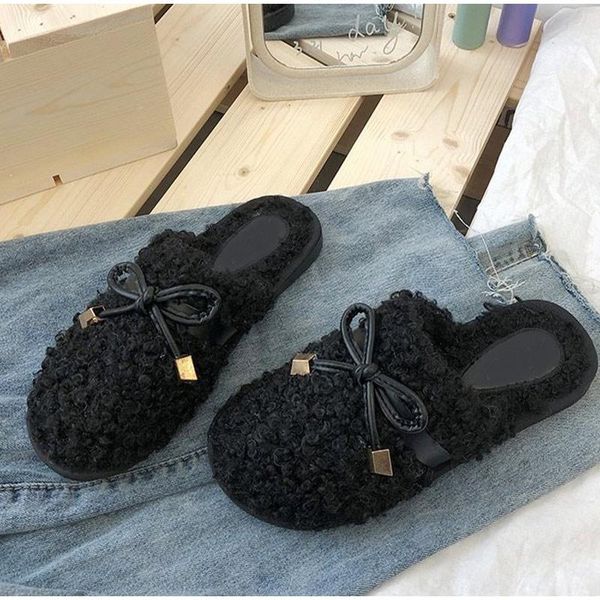 

women flats home shoes ladies winter flurry slippers warm bowtie style footwear fashion outdoor woman slipper non-slip, Black