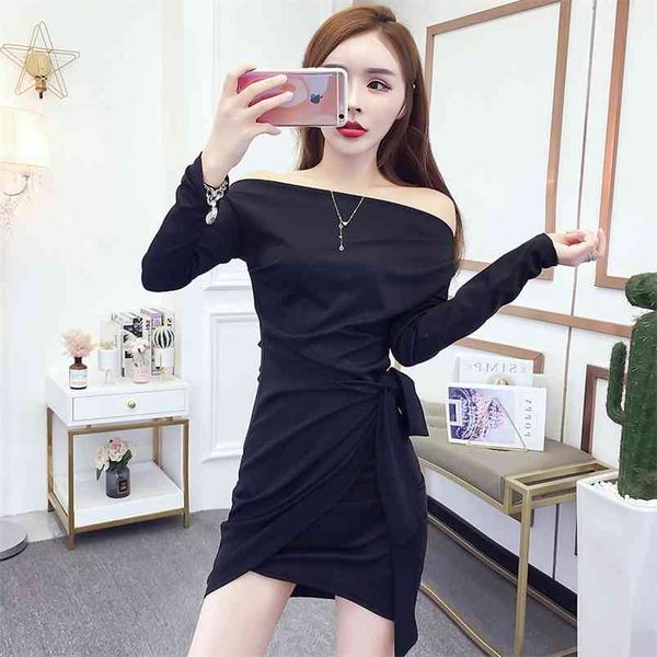 

spring autumn women's korean slanted shoulder solid color long sleeve dress slim knitted irregular dresses gx175 210507, Black;gray