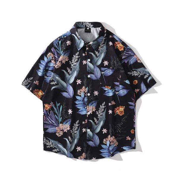 

men's casual shirts japanese retro floral full print short-sleeved shirt male street hip-hop loose hawaiian couple for men and women, White;black