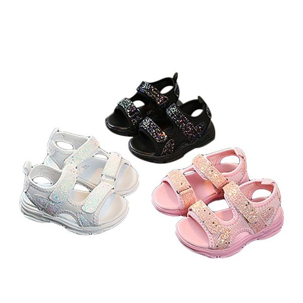 

summer breathable little girls sandals toddlers sweet style sequins mesh decoration soft sole non-slip beach shoes, Black;red
