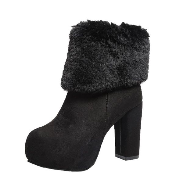 

boots super high heel women's warm winter plush ankle fashion increase women shoes suede round toe flanging female booties, Black