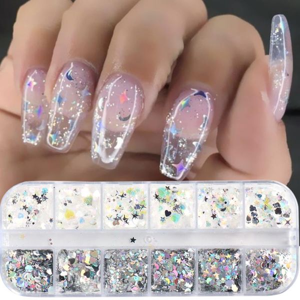 

nail glitter 12 grid laser star holographic silver gradient moon heart hexagonal sequin design diy manicure accessories nljx05, Silver;gold