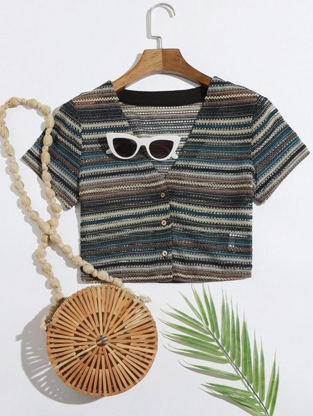 

v-neck button placket striped 58yg#, White