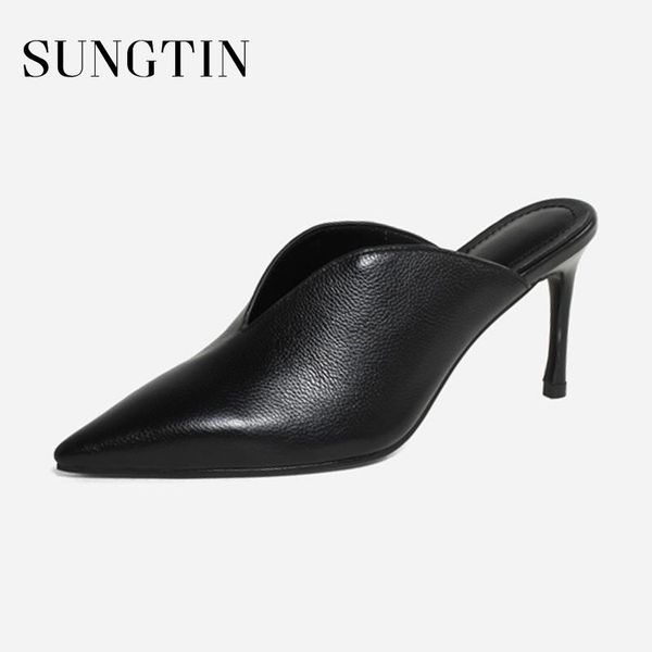 

slippers sungtin pointed toe high heels women classic handmade genuine cow leather pumps lady slip on summer shoes black