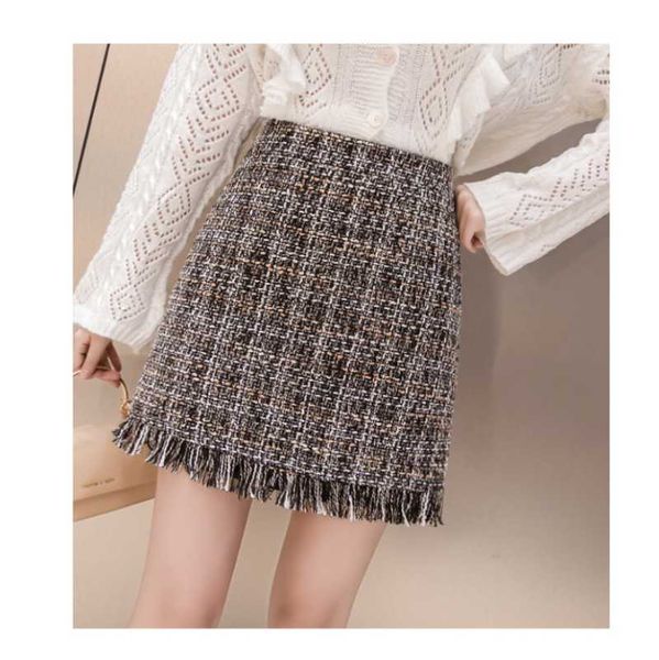 

skirts women woolen mini skirt autumn winter vintage straight plaid tassel skater high waist, Black