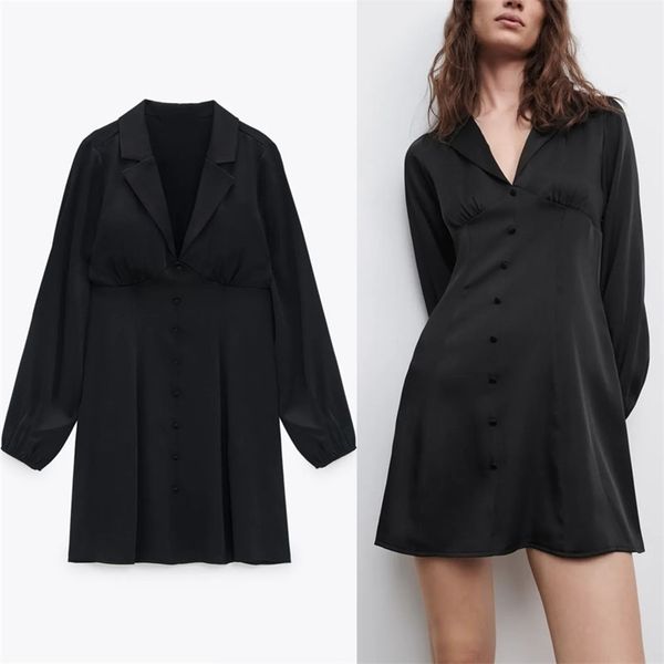 

satin mini black dress women vintage long puff sleeve office lady dresses female chic front false buttons fitted vestido 210524, Black;gray