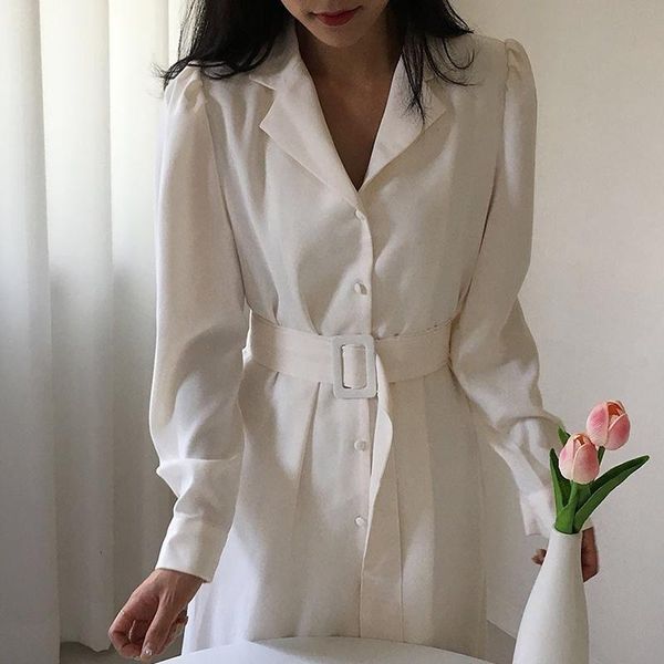 

casual dresses 2021 autumn women fashion korean chic single-breasted full sleeve dress femle minimalist mid-calf elegant vintage, Black;gray