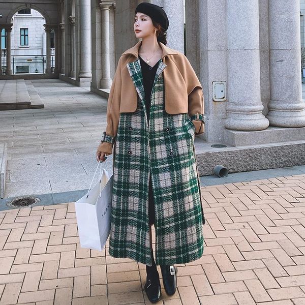 

women's wool & blends woolen coat long autumn winter retro hit color plaid thickened knee-length ladies cloak loose fashion jacket fema, Black