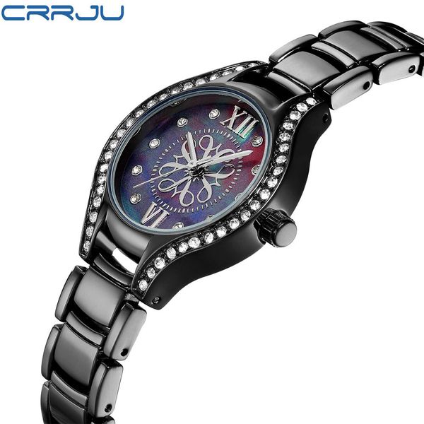 

crrju women crystal diamond black dial fashion watches silm greek numerals luxury fashion ladies wristwatches brand female clock 210517, Slivery;brown