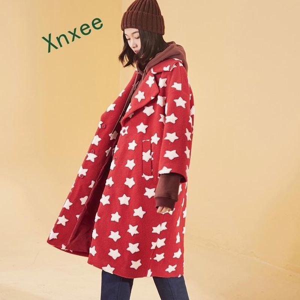 

women's wool & blends winter women coat drop-shoulder star print wide-waisted female harajuku long outwear, Black