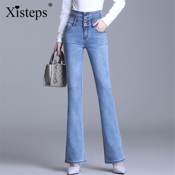 

xisteps autumn winter women jeans skinny denim flared pants high waist femme bell bottom boyfriend white black pantolon 210322, Blue