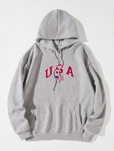

american flag & letter graphic kangaroo pocket drawstring thermal hoodie 32dh#, White;black