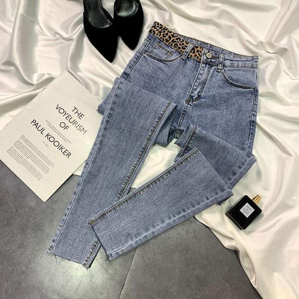 

waist leopard appliques skinny stretch denim pencil pants female 2021 spring fashion ankle-length jeans women f117 women's, Blue