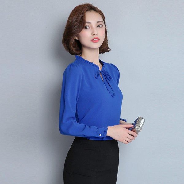 

women's blouses & shirts efinny women ruffles neckline office lady chiffon elegant long sleeve work wear slim solid autumn, White