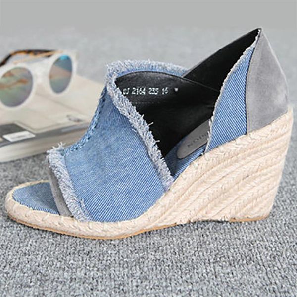 

sandals denim wedges shoes women summer 7cm high heel 2021 straw open toe flat fabric ladies fashion pumps, Black