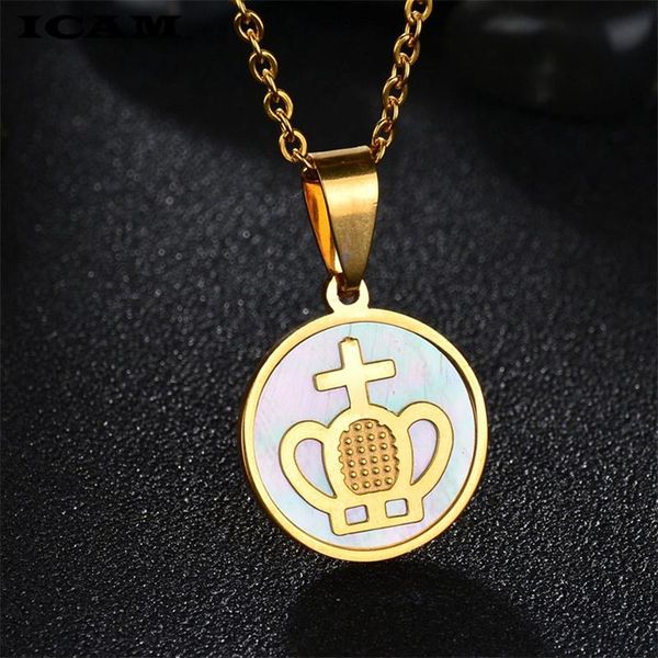 

pendant necklaces icam ly women necklace stainless steel chain choker shell crown girl jewelry gift, Silver