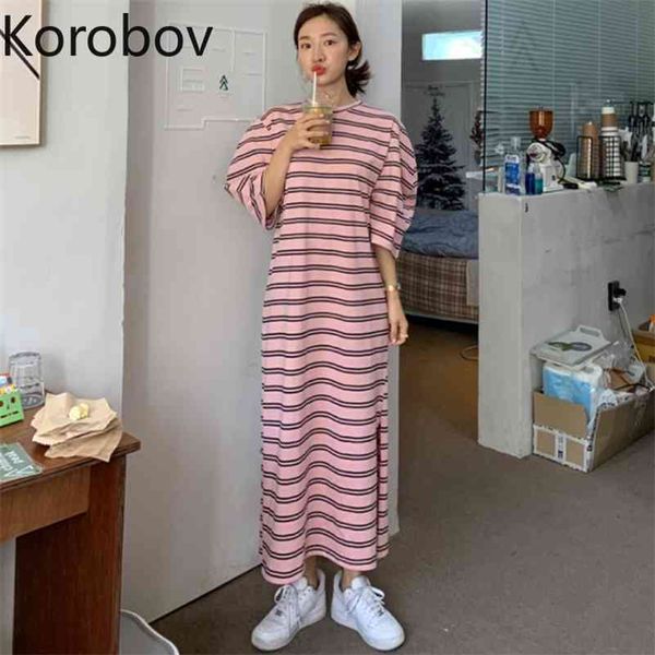 

korobov vintage preppy style o neck women dress korean a-line striped female dresses summer oversize dress 210430, Black;gray