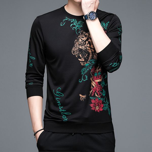 

2021 spring and autumn long sleeve t-shirt printed pattern youth men's casual sweater, Black