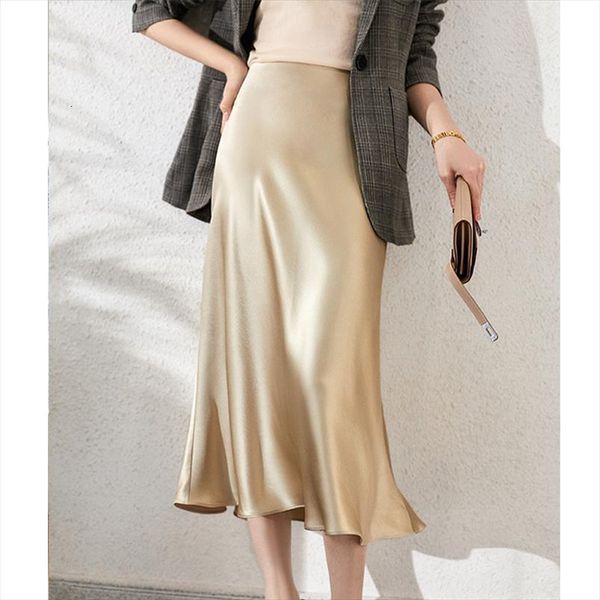 

candy solid color satin women skirt silk high waisted summer long elegant ladies office skirts midi spring, Black