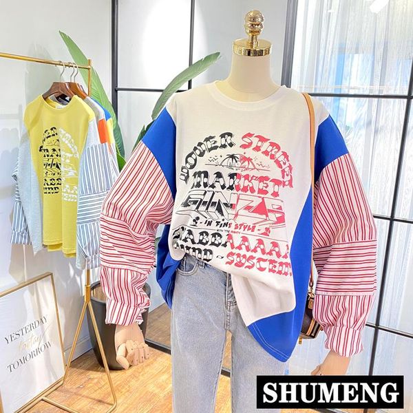 

women's hoodies & sweatshirts korean-style stitching hit color stripes long sleeve sweatshirt autumn women printed letter loose pullove, Black