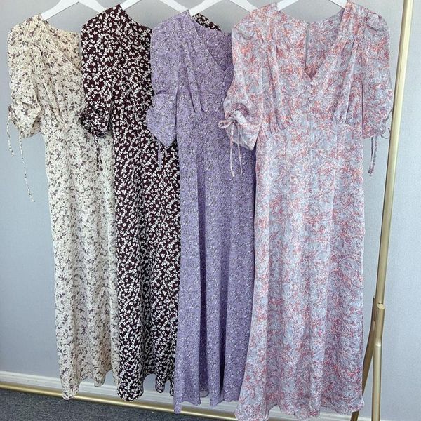 

party dresses 2021 spring slim chic print a line vestidos v-neck puff short sleeve elegant women loose casual long femme robe, White;black